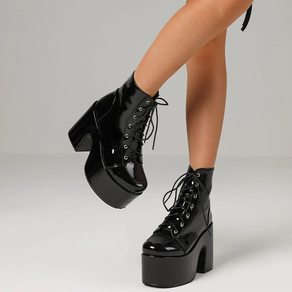 2024 Plattform High Heel Cool Punk Mode frauen Hohe Qualität Mädchen Goth Schuhe Schwarz Große Größe 43, Kreuz-gebunden Casual Luxus Stiefel