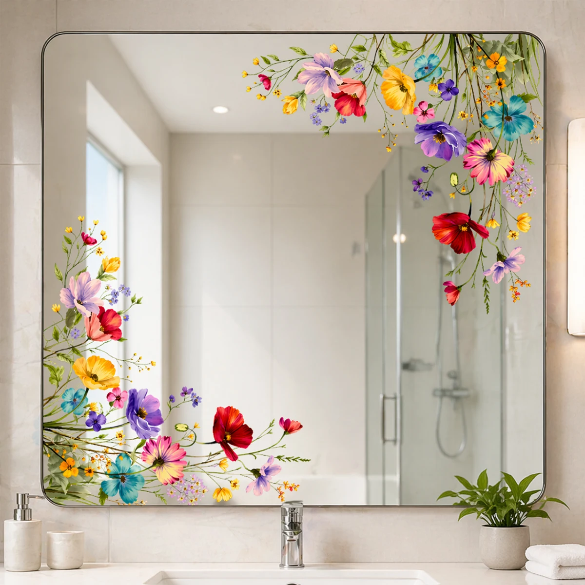 Wasserfarbene Blumen-Spiegel-Wandaufkleber, Bohemian-Eckaufkleber, abnehmbare, wasserdichte Vinyl-Glasspiegel-Dekoration für Badezimmer und Schlafzimmer