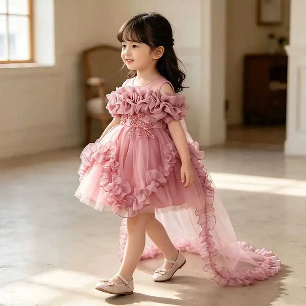 HETISO Appliques Flower Girl Dress with Embroidery Tulle Sleeveless Kids Children's Trailing Ball Gown For Wedding Party