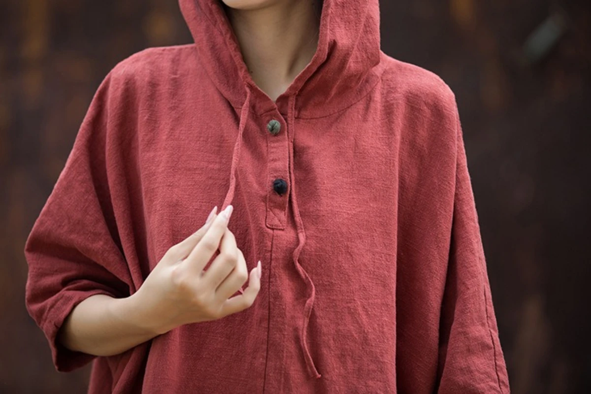 Women Vintage Ramie Hooded T-Shirts Half Sleeve Solid Color Tees Summer New Loose Pockets Button Women T-shirts
