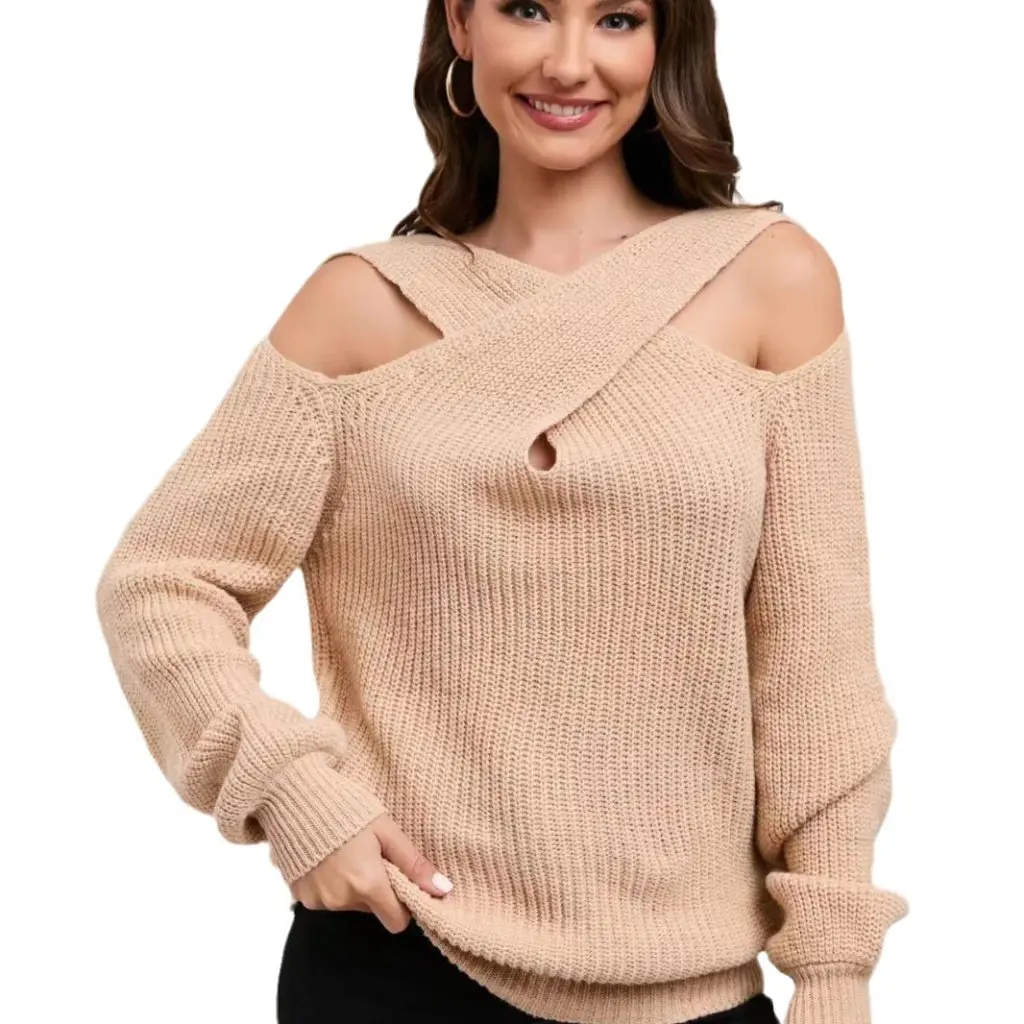 

Women's Off-Shoulder Cross Halter Lantern Sleeve Sweater Solid Color Autumn Winter Fashion Top for European And American Market