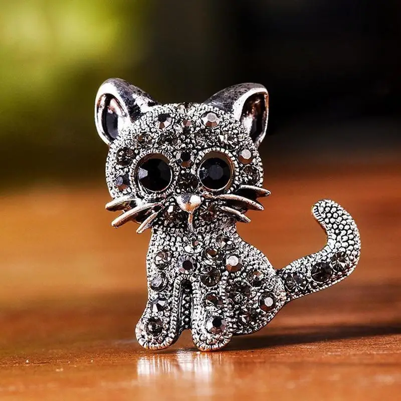 Cute  Brooches Little Cat Vintage Rhinestone Women Small Animal Party Casual Brooch Pins Gifts  Clips Antique Silver Jewelry