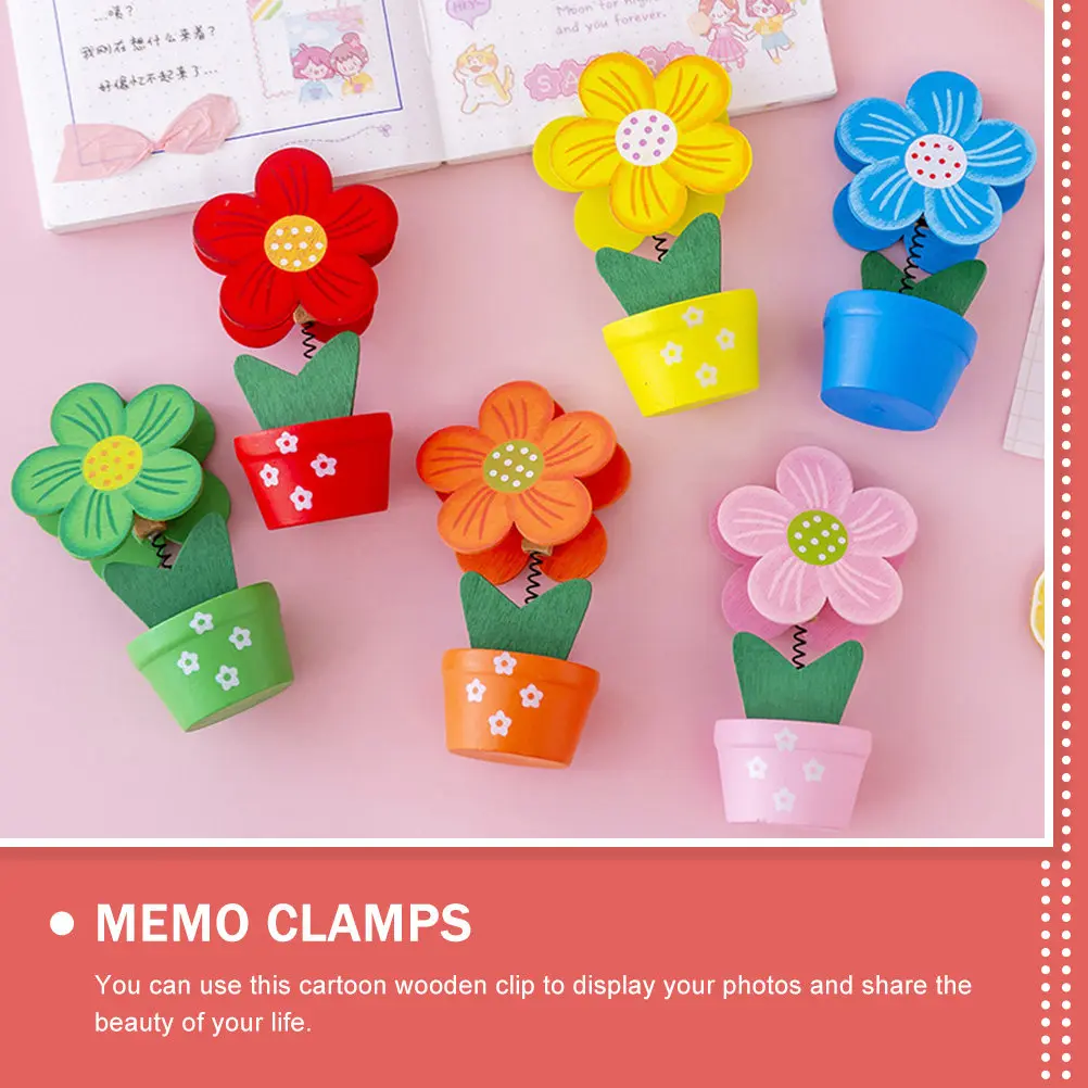 6Pcs High Grade Wooden Photo Clip Flower Pot Design Memo Holder Note Clamp Desktop Organizer Picture Folder Multipurpose Wooden