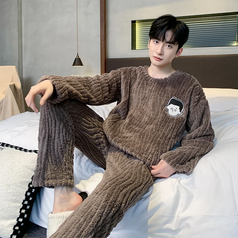 French Casual Outside Pajamas Set for Men Cotton Fleece Soft Warm Print Design Homewear Autumn Winter New 2024 Pajamas for Men