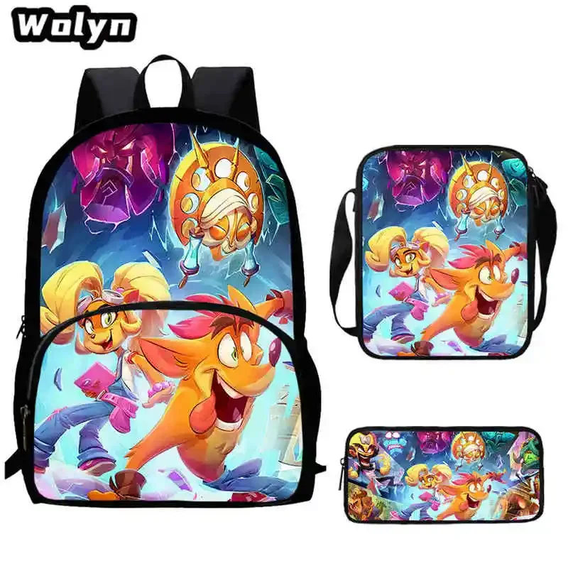 Mochila escolar de desenhos animados para meninos e meninas, Crash Bandicoot, Bolsas de ombro, Sacos de lápis, 4-8 anos de idade, 3 peças