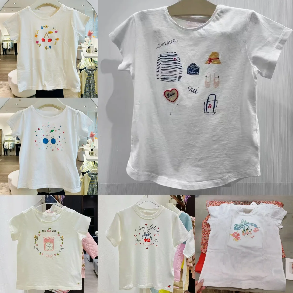 Goods in Stock! BP High Quality 2025 Summer Girls' Simple and Versatile Cherry Printed Solid Color Short Sleeved T-shirt