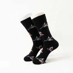 MYORED 1 pair of Autumn and winter new cartoon black shark pattern cotton socks for men mid-tube socks
