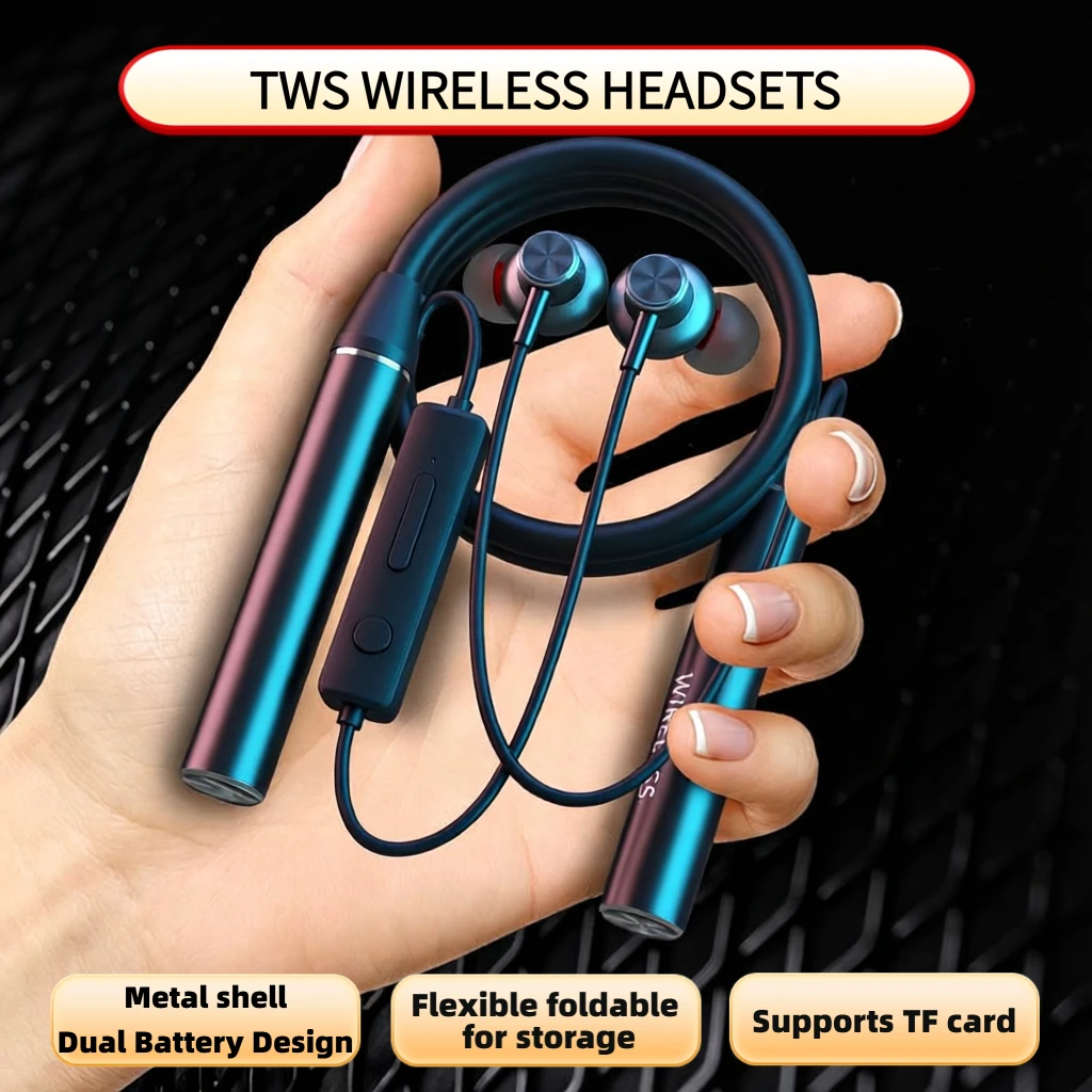 Neck-Worn Tws Sports Bluetooth Headphones with Metal Casing, Memory Neckband, Bendable and Portable, Supports Tf Card Music Playback, Dual Battery Design for Long-Lasting Battery Life, Supports Simultaneous Connection to 2 Mobile Phones