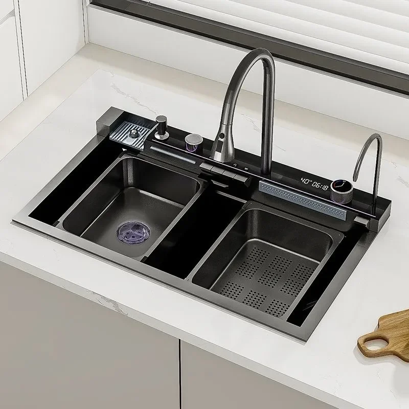 Thickened Stainless Steel Kitchen Sink Large Single Bowl with Digital Display Waterfall Faucet Nano Honeycomb Surface
