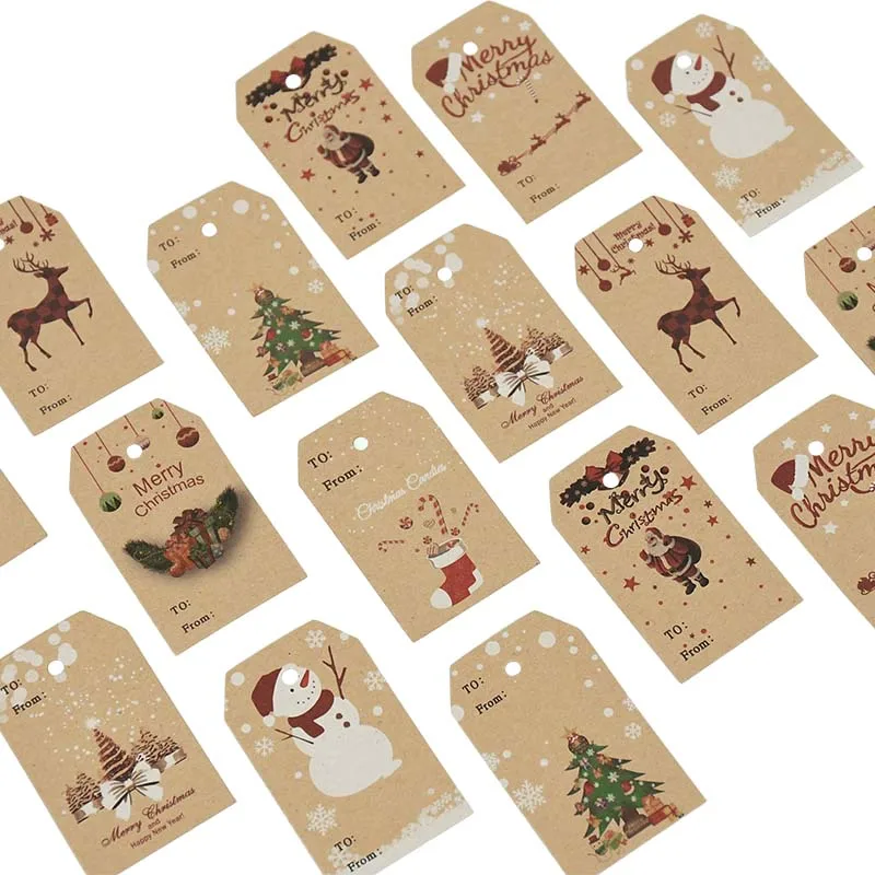 100Pcs Christmas Gift Card Label Santa Claus Merry Christmas Tags for Present Packaging Decor New Year Xmas Ornament Kraft Paper