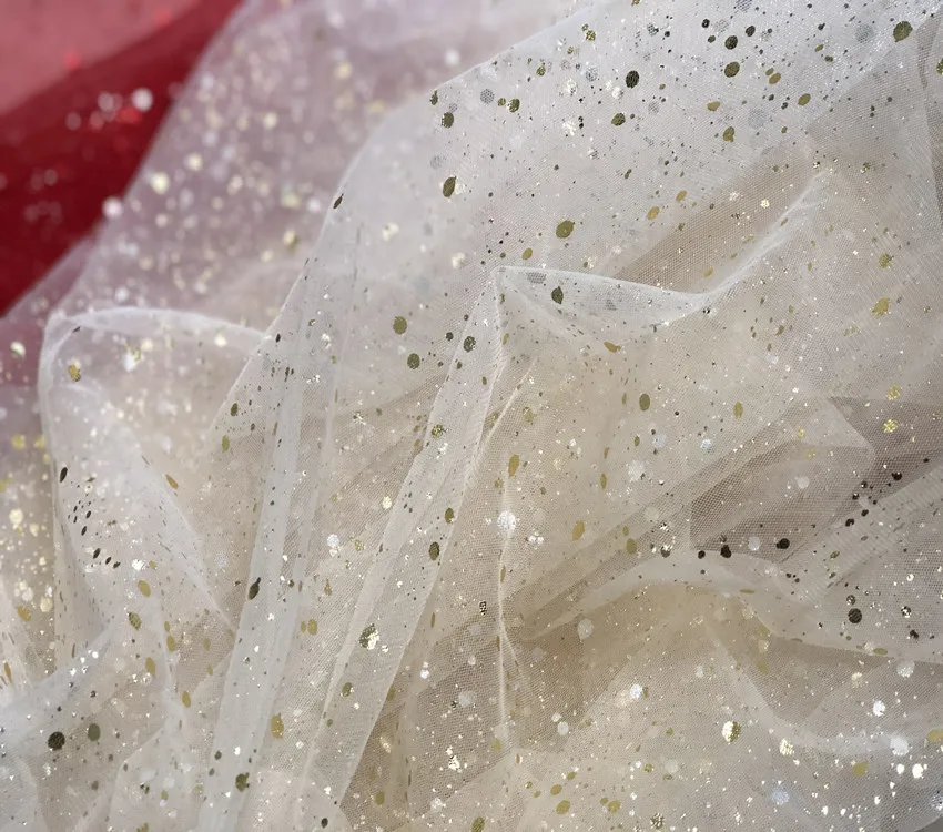 Light Champagne Red Bronzing Glitter Soft Mesh Draping Fabric for Wedding Dress Background Dessert Bar Layout Gauze Cloth Fabric