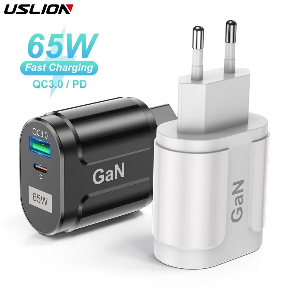 USLION 65W GaN USB C Charger Quick Charge Korea EU US Plug PD USB-C TypeC Fast USB Charger For iPhone 14 Xiaomi Samsung Macbook