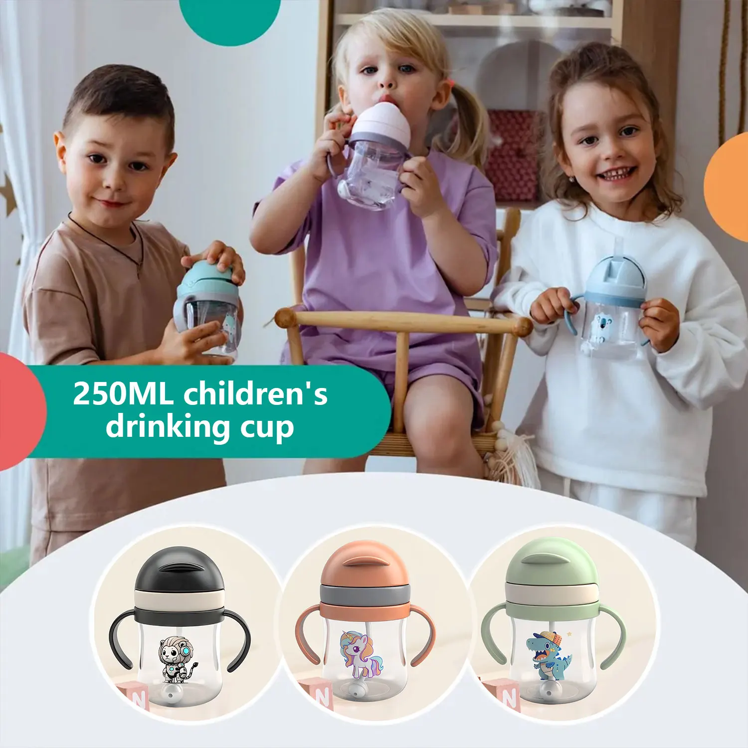 

250ml children's straw cup cute cartoon baby cup animal pattern learning drinking cup boy girl straw cup birthday gift