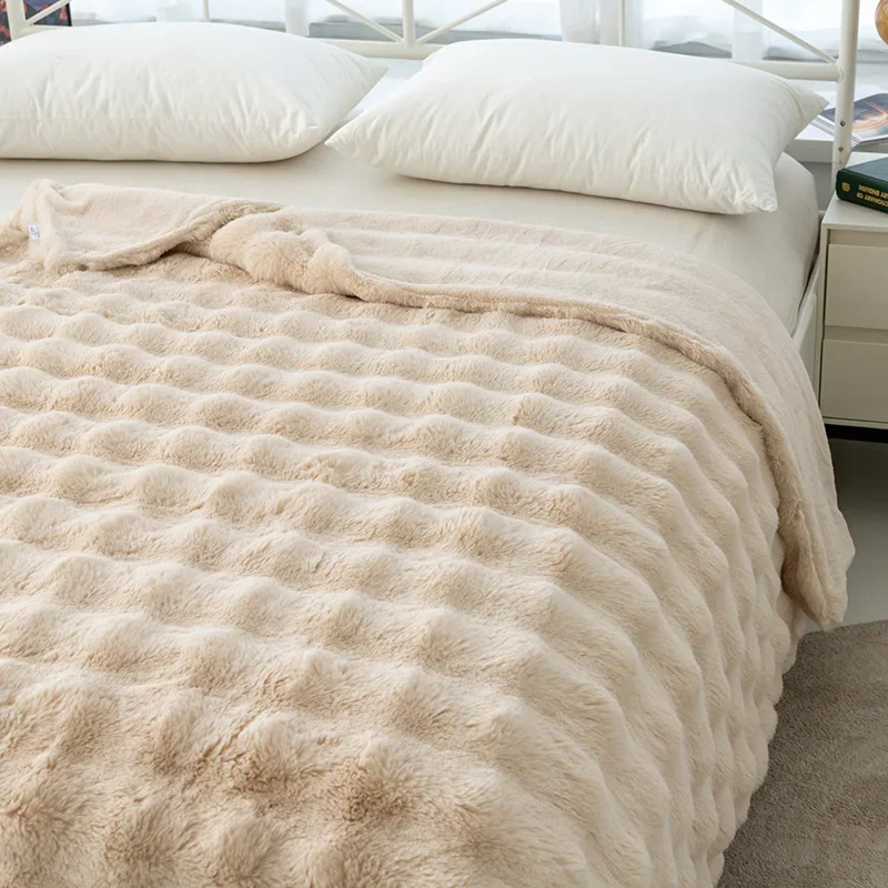 Bubble Faux Rabbit Fur Thicken Warm Throw Blanket Autumn Winter Office Nap Sofa Blanket Solid Color Soft Fluffy Plush Blankets