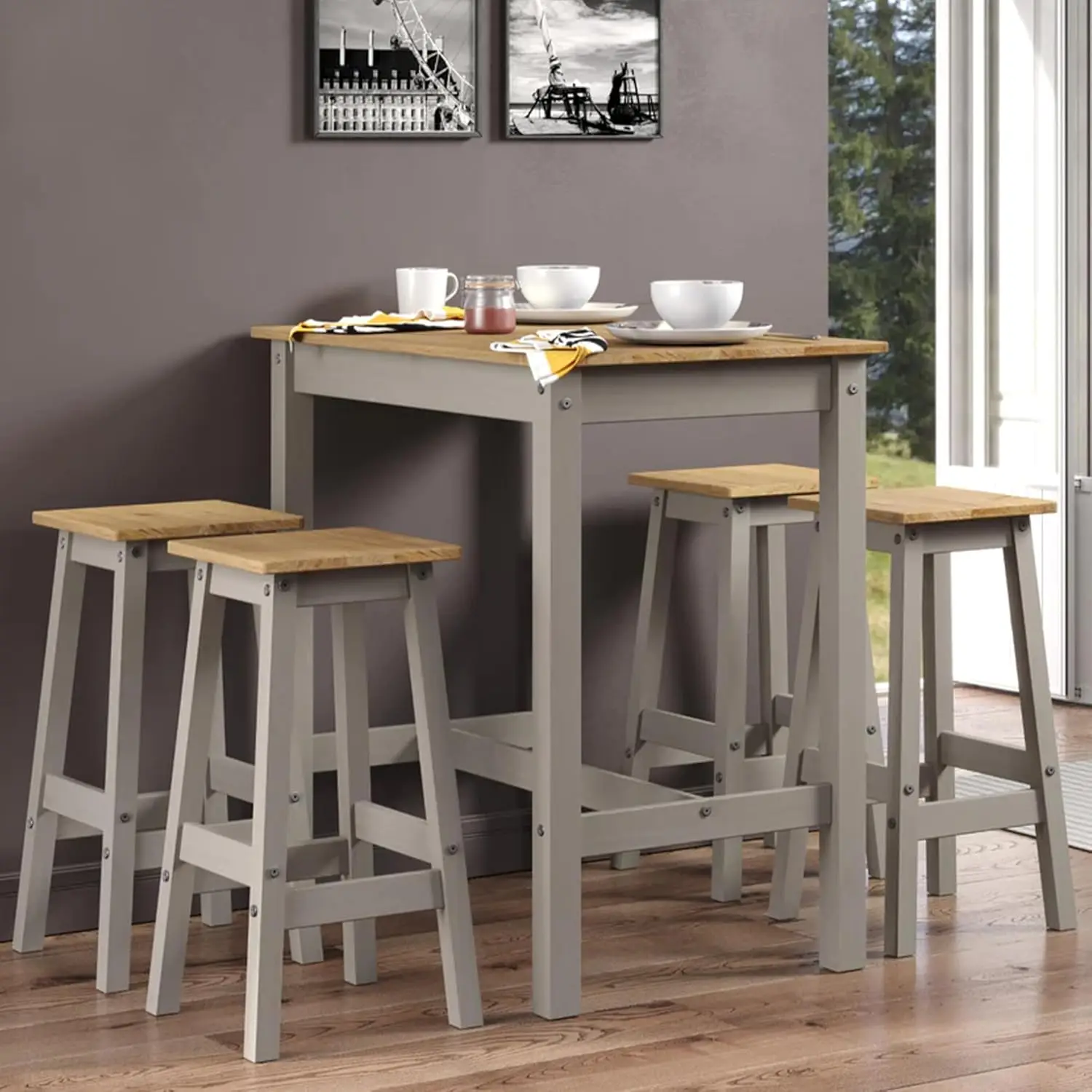 Wood Bar Height Dining Set of Table and 4 Stools Corona Gray