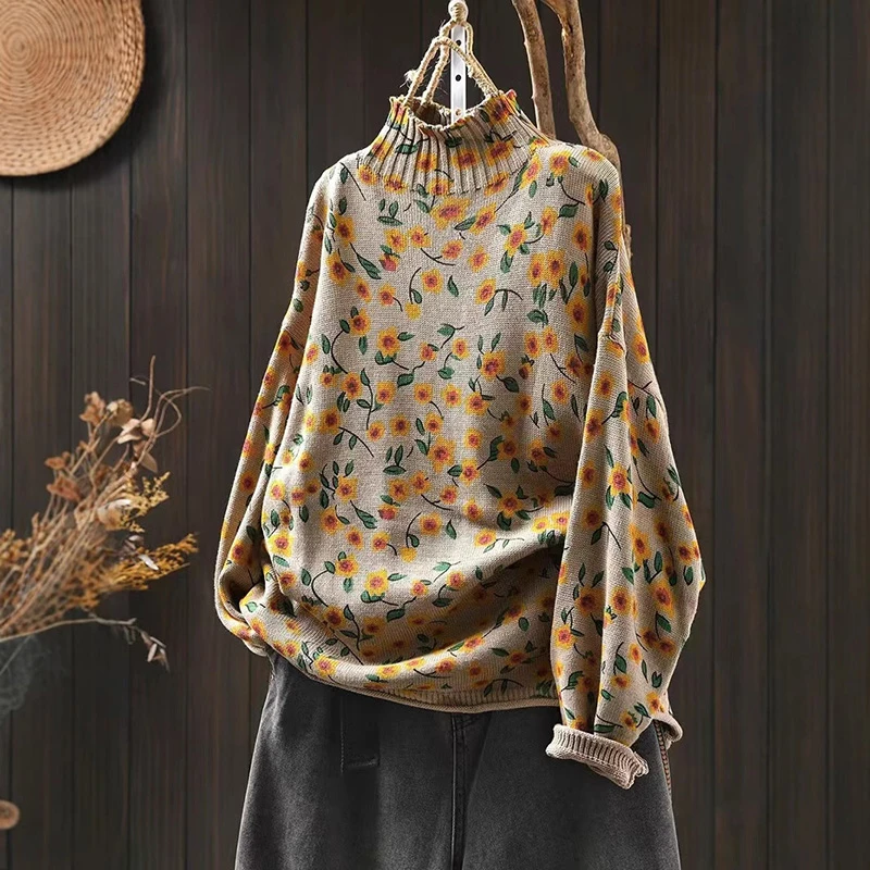 

Женский повседневный свитер с длинным рукавом, Новое поступление, осень 2022, простой стиль, водолазка с цветочным принтом, женские вязаные пуловеры T774