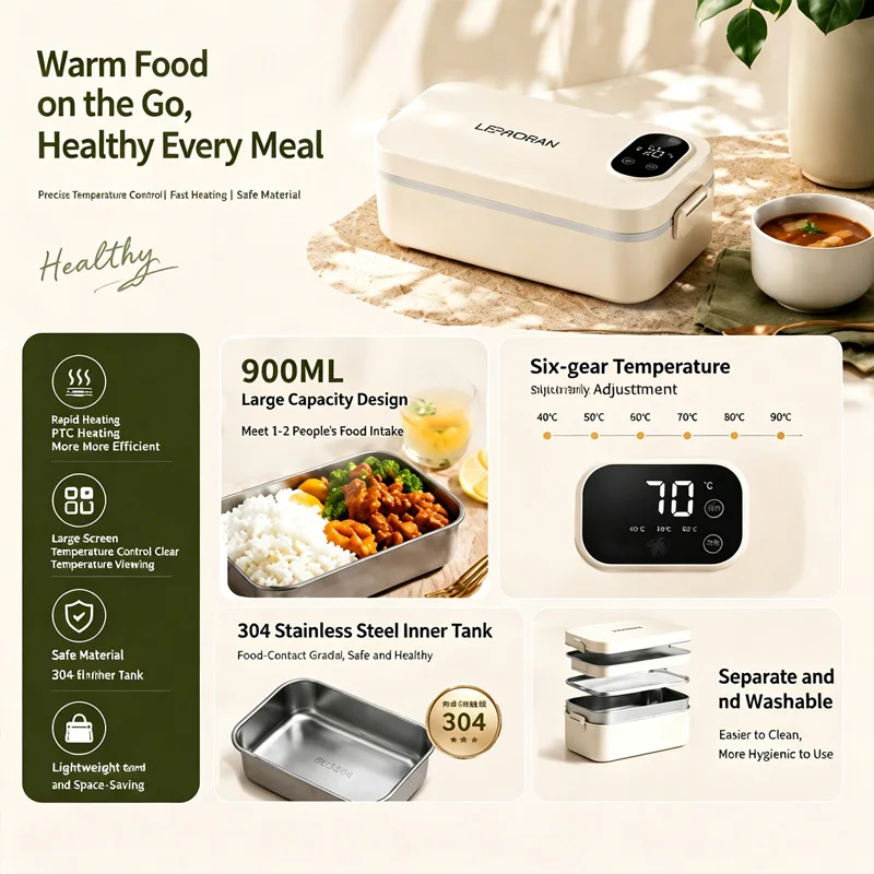 New 900ml LED Digital Display Smart Electric Heated Lunch Box Portable Insulated Lunch Box Water-free Electric Heated Lunch Box