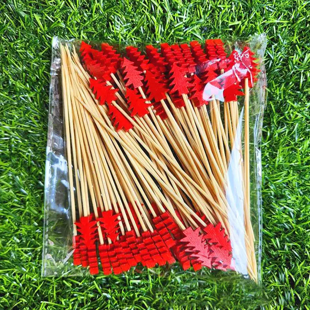 50pcs 크리스마스 과일 대나무 스틱 일회용 음식 디저트 과일 꼬치 칵테일 추천 컵케익 토퍼 스틱 파티 용품