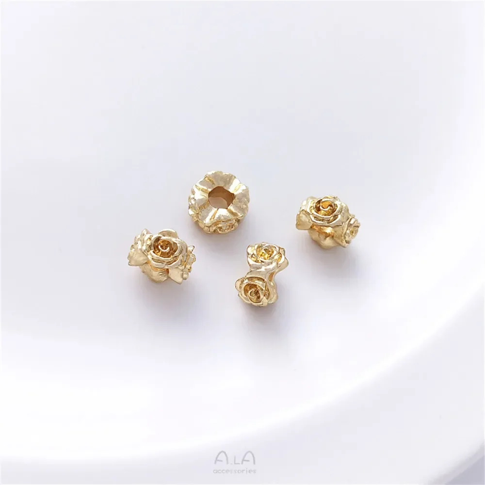 14K Pack Gold Rose Ring with Large Hole Flower Shape Spacer Beads Handmade Pearl Bracelet Necklace DIY Jewelry Accessories