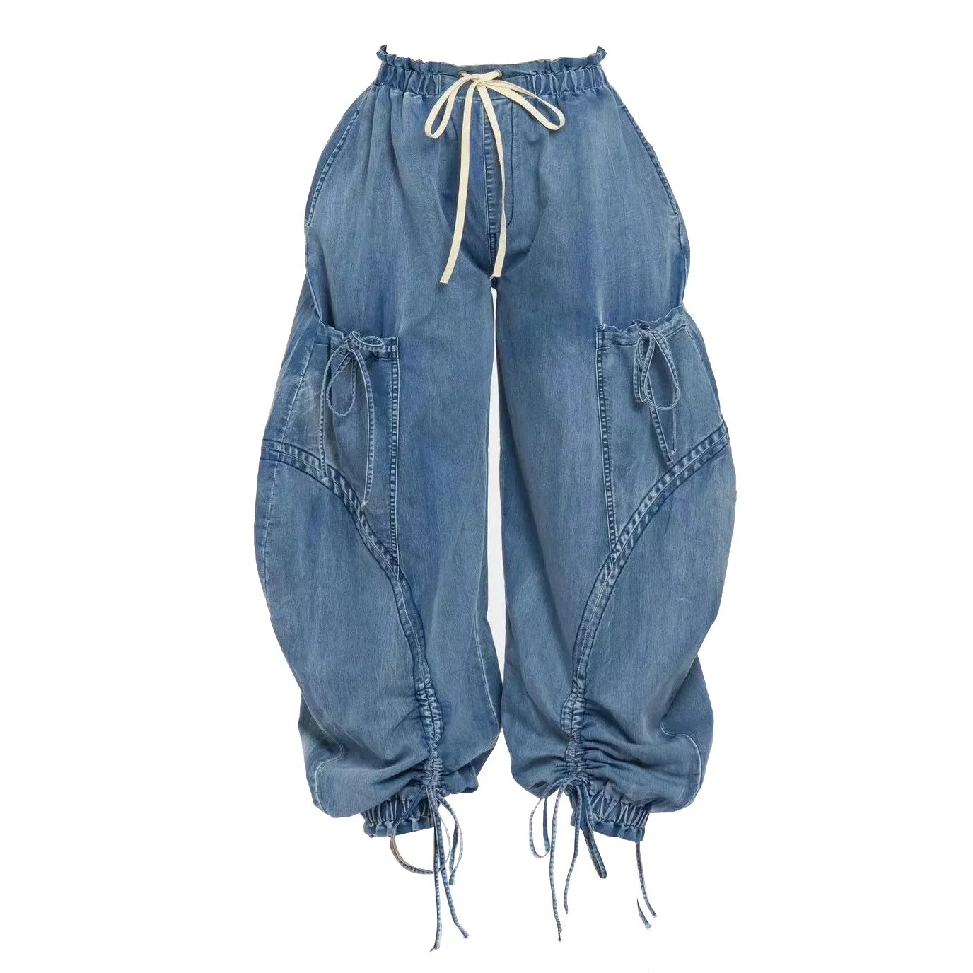 

Straight leg jeans for women, new elastic waistband, drawstring tie, tied toe bow, loose and slimming look, spring and autumn