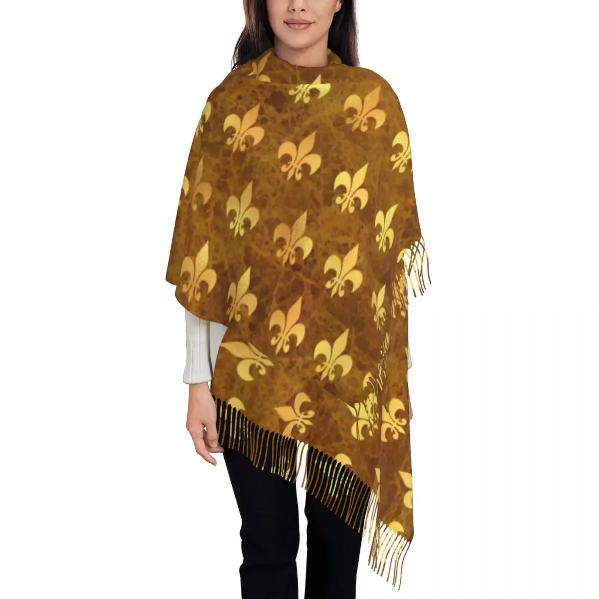 Luxury Royal Gold Brown Marble Fleur De Lis Tassel Scarf Women Winter Fall Warm Shawl Wrap Ladies Lily Flower Scarves