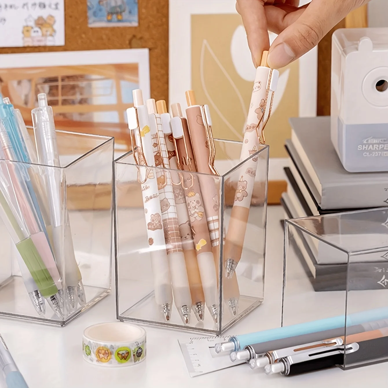 1/2pcs Acrylic Square Pen Holder, Minimalist Clear Desk Organizer for Pens, Pencils, and Stationery, Home, and Office Use