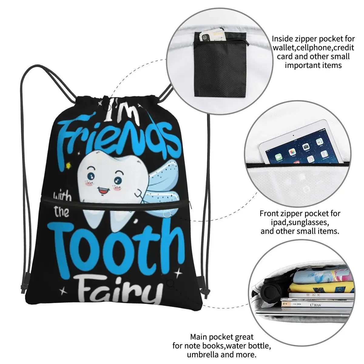 Funny Dentist Dental Hygienist Tooth Fairy Backpacks Drawstring Bag Drawstring Bundle Pocket Sundries Bags For School Students