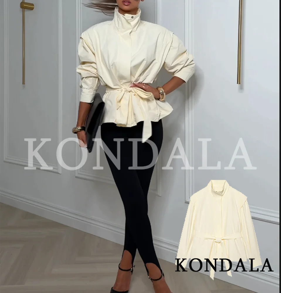 KONDALA Damen Schicke Minimalistische Gürteljacke Elegante Pendlerjacke mit Stehkragen 2026 Frühling Herbst Trendige High-Street Freizeitjacke – Detail 2
