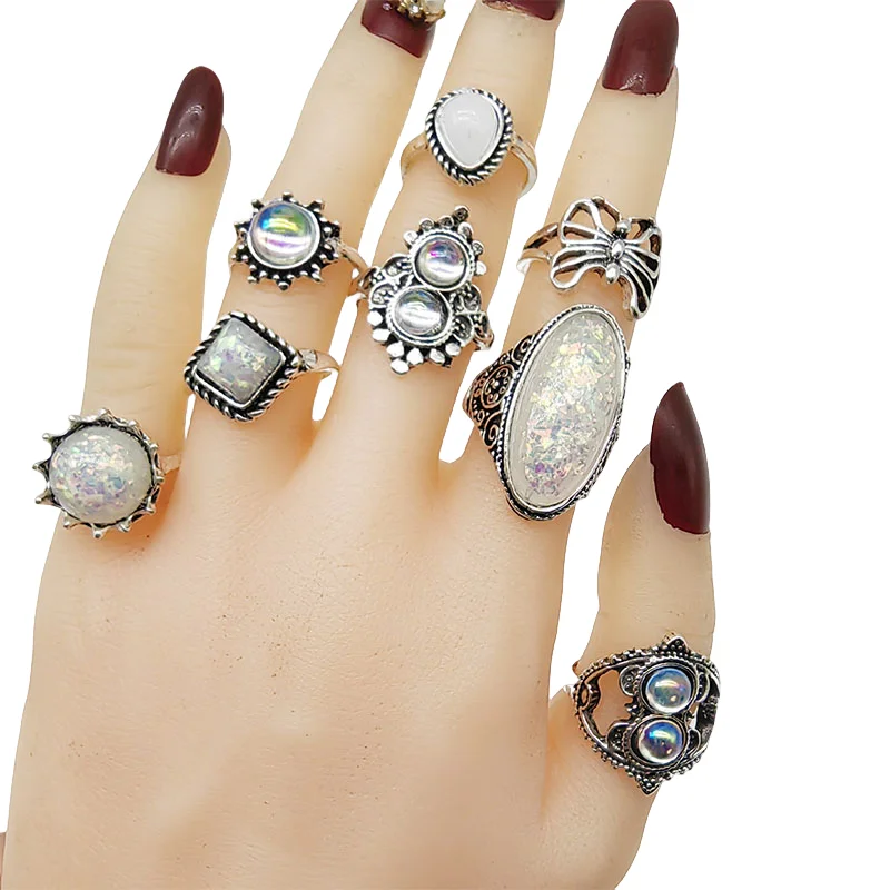 50 teile/los Großhandel Heißer Große Gefälschte Opal Geschnitzte Finger Ringe für Frauen Party Schönheit Kristall Blume Mond Sonne Schädel Crown bar Schmuck – Detail 12