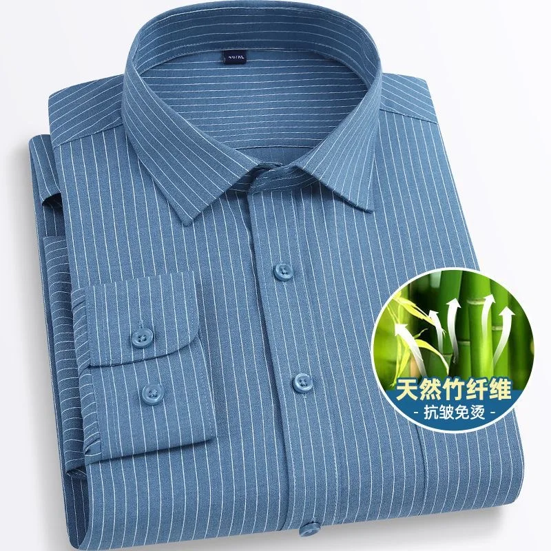 Spring new men\'s long sleeve bamboo fiber striped shirt wrinkle-resistant non-ironing business casual is loaded with pockets