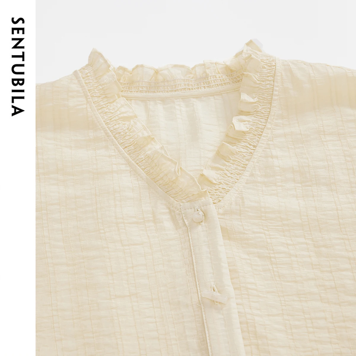 SENTUBILA Chinese Style Shirt Women 2025 Spring Lyocell Straight Ruffles V Neck Hollow Folds Long Sleeve Button Blouse 151C57678