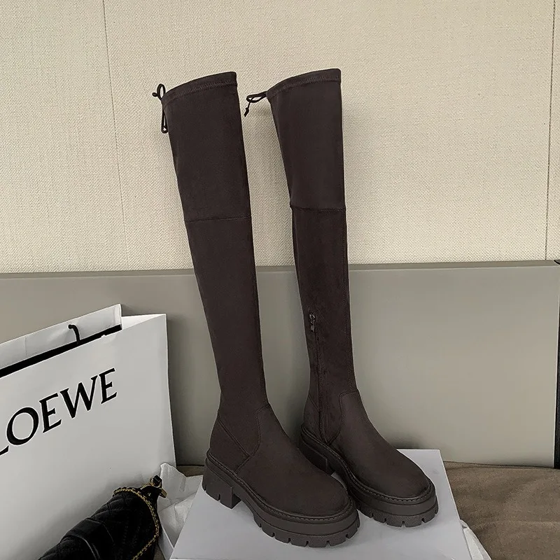 Comemore, Botas Largas con carácter para mujer, nuevos zapatos hasta la rodilla, Botas de caballero negras de gamuza con plataforma para otoño e invierno, zapatos femeninos 2025