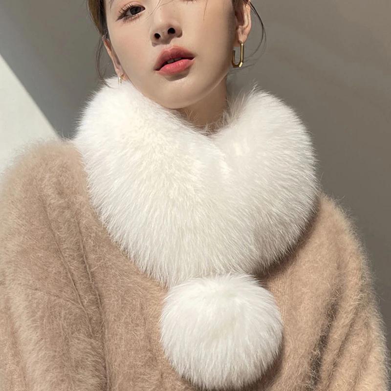 New Korean Style Real Fox Ring Scarf Winter Warm Real Fox Fur Women Scarves Novelty  Fox Fur Ball Decorative Women's Collar Shaw