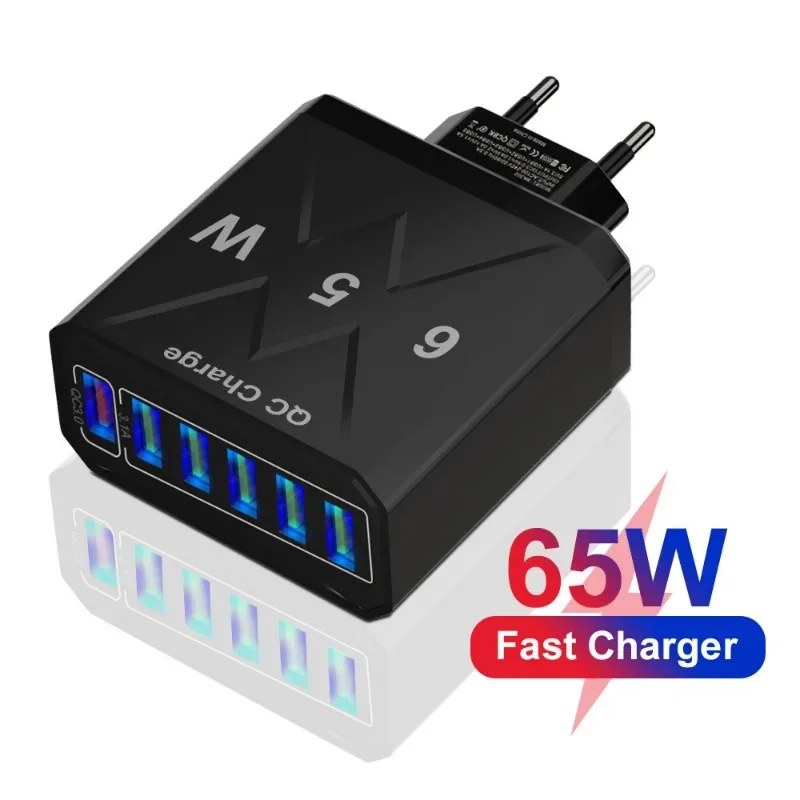 6-port Wall Charger 65W High-power Mobile Charger QC3.0 Fast Charging Mobile Power Adapter Suitable for IPhone 14 Samsung Xiaomi