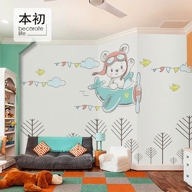 custom 3D Warm children's room bedroom background wall personalized aircraft Nordic mural kindergarten bear wallpaper restaurant