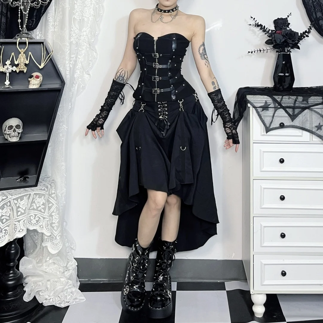 Vintage Gothic A-line Skirt Dark Y2K Style High Waist Bandage Sexy Punk Irregular Skirts Halloween Party Music Festival Clothing