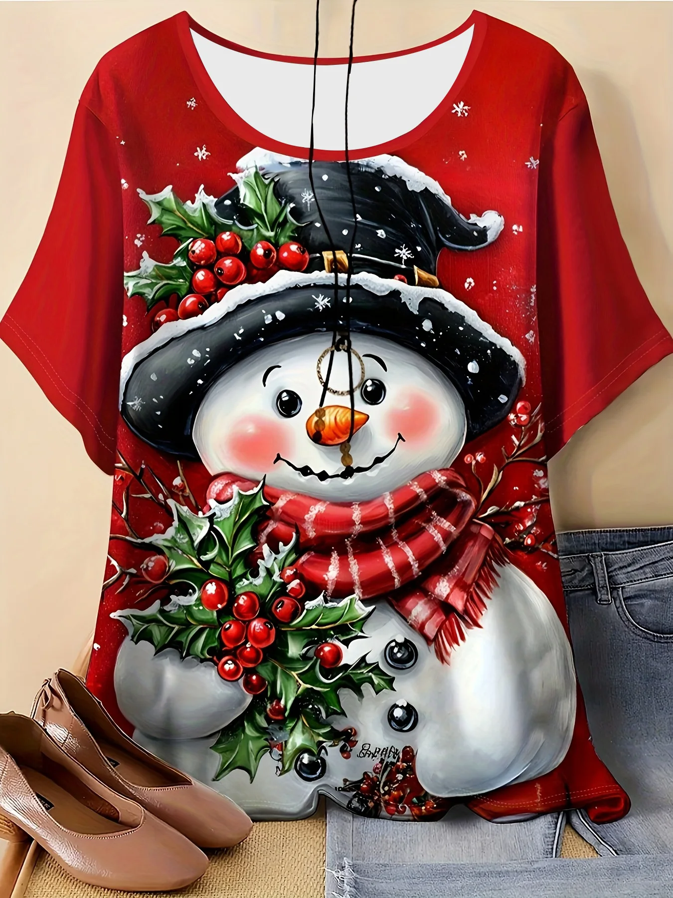 

Elegant Snowman Print Red Christmas Top Women's Short -Sleeved Tees Casual Winter & Summer Blouse Oversized Y2k Ladies Clothes