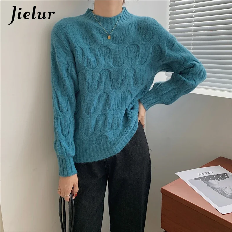 Jielur New Korean Style Winter White Knitted Sweaters Women All-match Pullover Pure Color Fashion Sweater Casual Knitwear Jumper