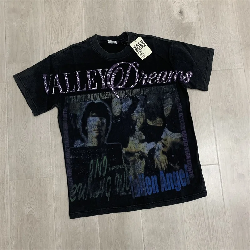 

Rock Singer Portrait Print VALLEY Short Sleeve Pure Cotton Hot Drill Letter Vale Black Washed Men's T-shirts