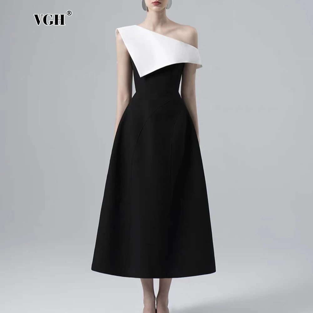 

VGH Hit Color Elegant Long Dresses For Women Diagonal Collar Sleeveless High Waist Temperament A Line Dress Female Fashion New