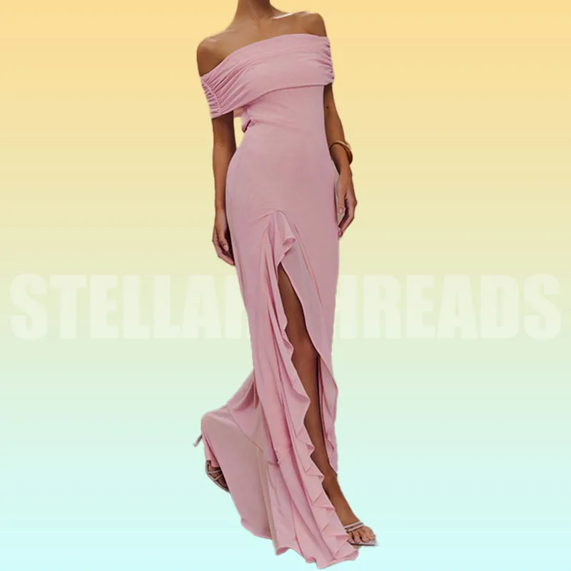 Women's Elegant Pink Off-Shoulder Ruffled High-Slit Bodycon Maxi Dress with Flowy Hem and Glamorous Design