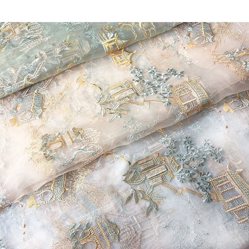 Chinese Pavilions Ancient Embroidery Pavilions Towers Organza Embroidered Chiffon Women\'s Dress Fabric