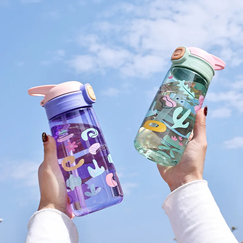 600ml Water Bottle With Straw Kids Girls Portable Travel Bottles Gym Sports Fitness Cup Summer Cold Water Juice Drinking Bottle