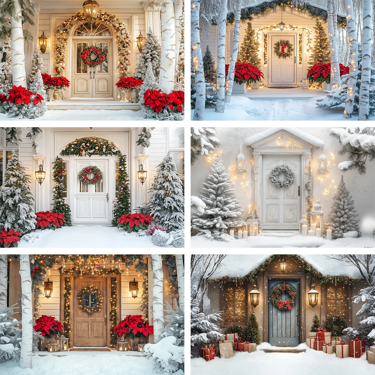 

Christmas Front Door Cottage Backgrounds Adult Kids Portrait Photography Backdrop Snowflake Streets Photocall Photo Studio Props