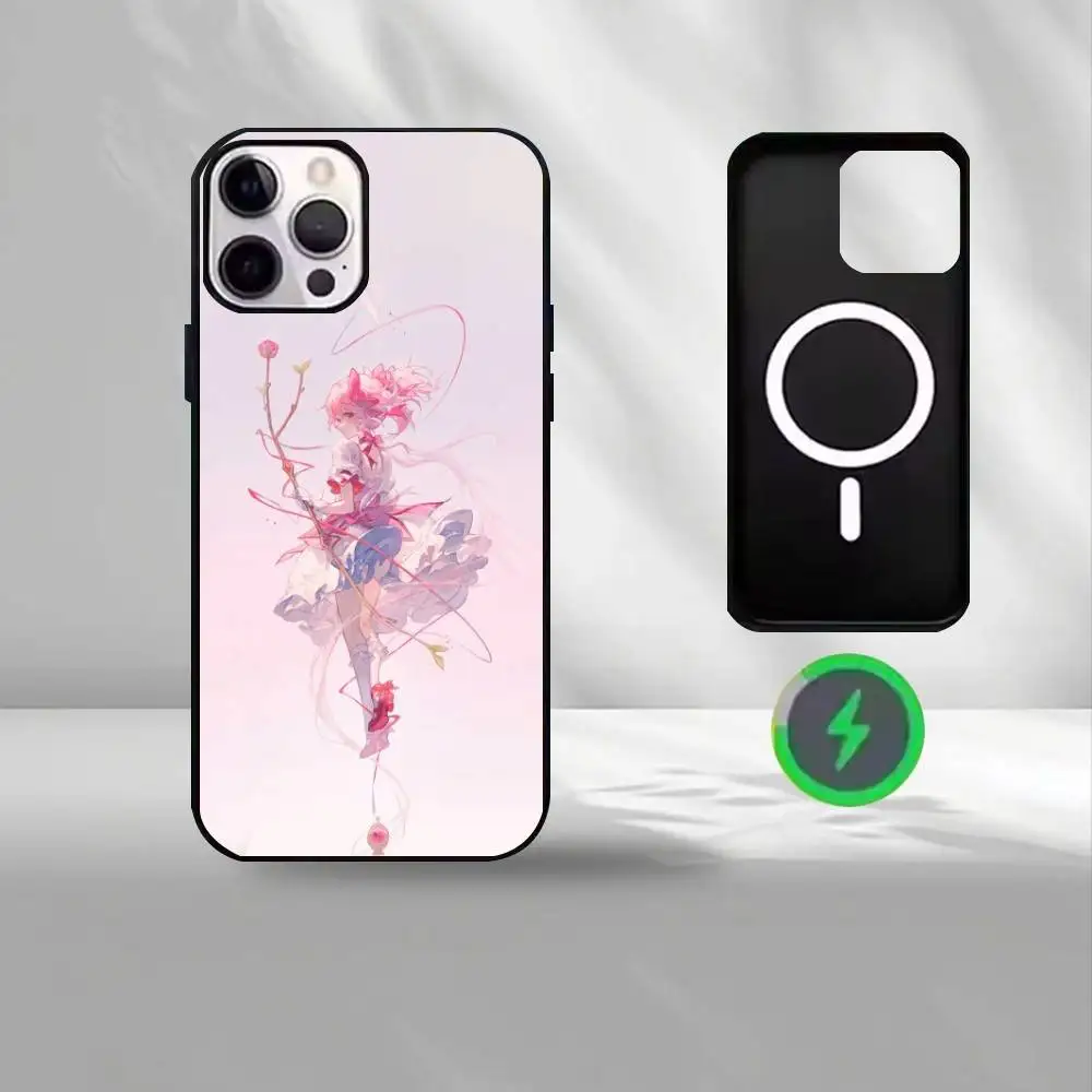 Puella Magi Madoka Magica Handyhülle für iPhone17,16,15,14,13,12,11 Max, schwarze kabellose Lade-Schutzhülle