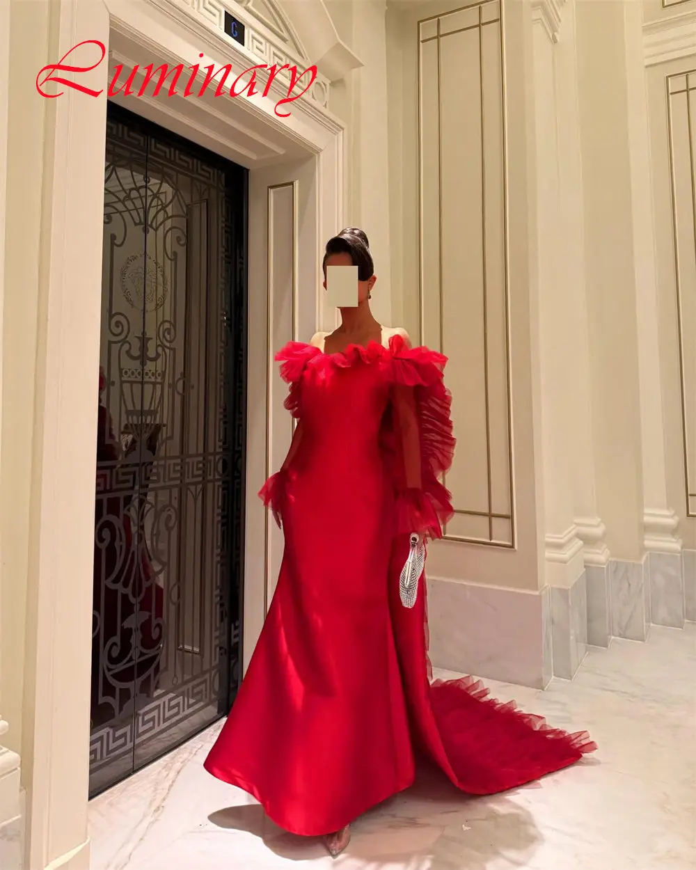 Customized Luxury Satin Tiered Evening Dress Exquisite Boat Neck Prom Dresses Temperament Long Sleeves Special Occasion Gowns