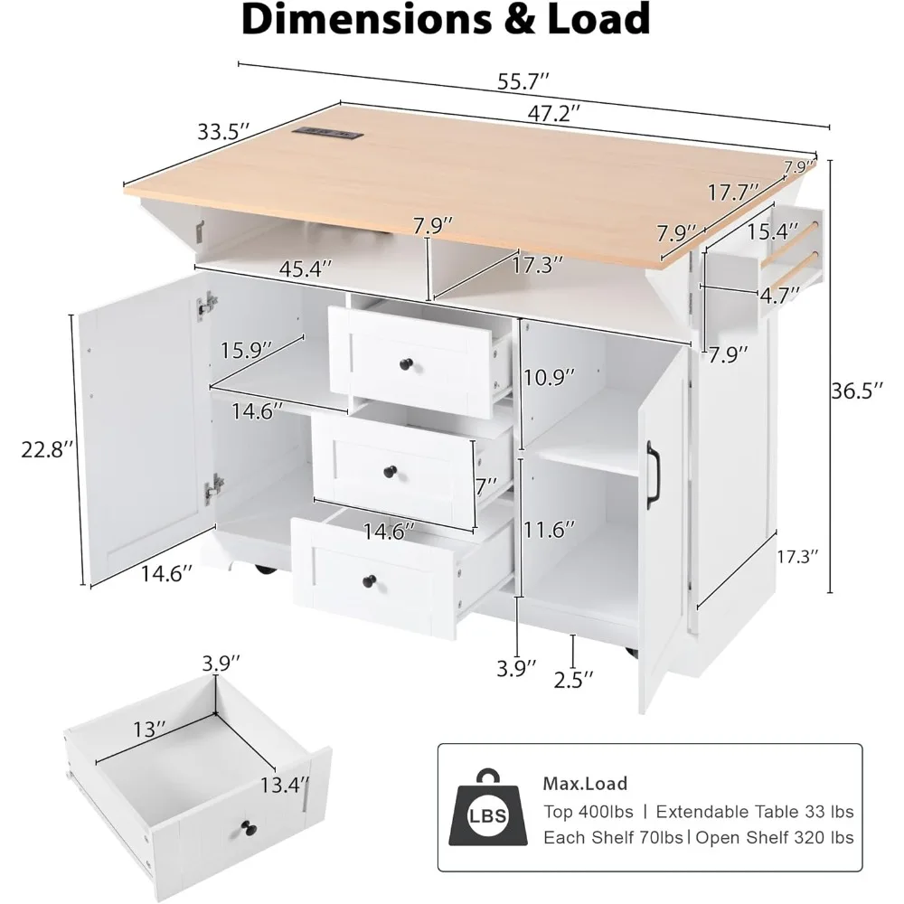 Rolling Kitchen Island Cart with 2 Drop Leaf, Mobile Kitchen Island with Storage Cabinet, Charging Station, Open Spice Rack