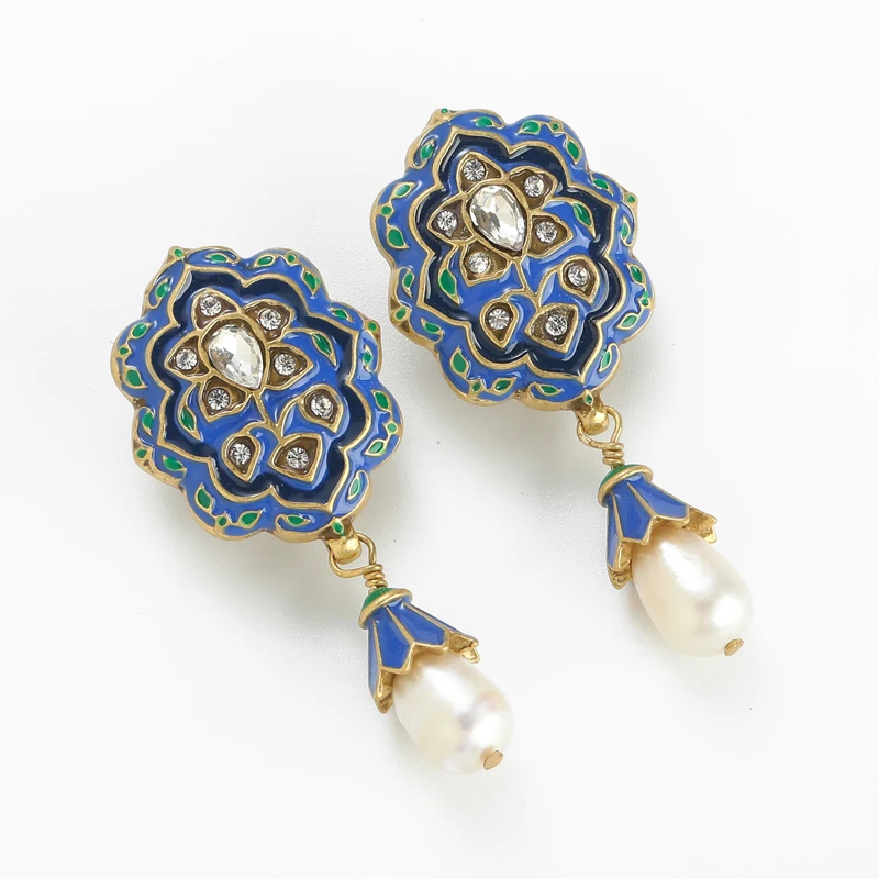 خمر الأقراط الزرقاء الكبيرة قطرة المينا اللؤلؤ زهرة قلادة اللون الفاخرة جودة مجوهرات اكسسوارات الحفلات للنساء 2025 جديد