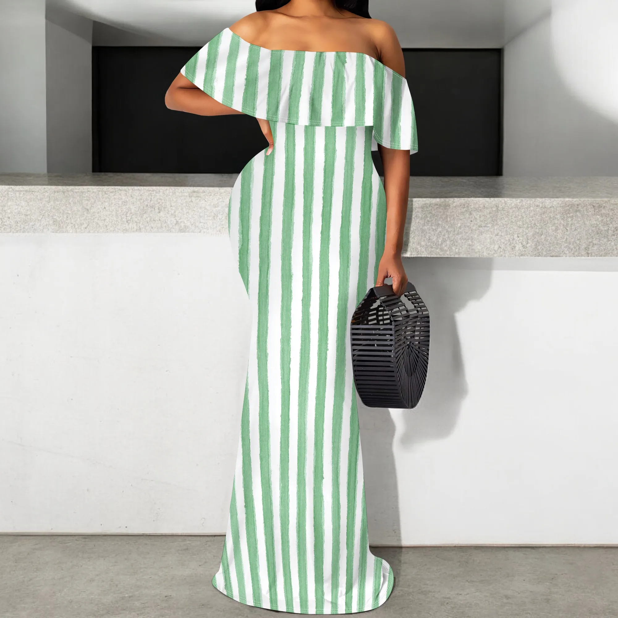 

Women’s Off Shoulder Stripe Maxi Dress Elegant Summer Mermaid Hem Bodycon Party Beach Long Dress S-3XL