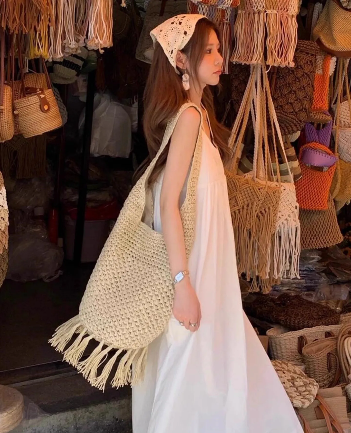 

New Tassel Fringe Paper Rope Straw Woven Fashion Single Shoulder Pineapple Beach Bag Woven Bag Casual Women's Bag